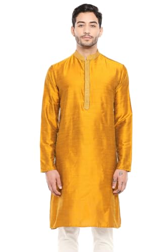 In-Sattva Men's Indian Embroidered Banded Collar and Placket Long Kurta Tunic