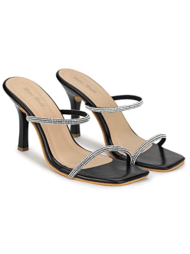 Image of Women's & Girls | Patent stylish Slip-On High Heels with Rhinestone Straps | Elegant Square Toe Fashion Sandals for Women | Comfortable Heeled Footwear for Weddings