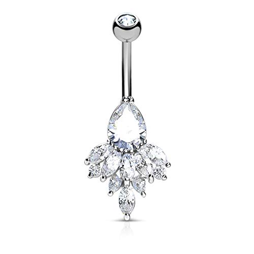 Tear Drop CZ and Marquise CZ Clustered 316L Surgical Steel WildKlass Belly Button Navel Rings (Clear)