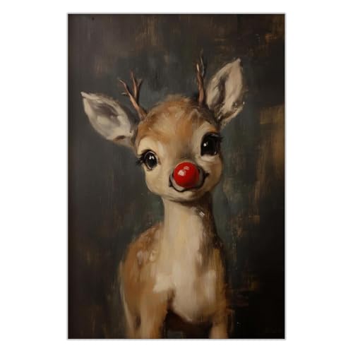 Vintage Winter Red Nose Animal Christmas Posters Rudolph Cute Pet Canvas Wall Art Rustic Scene Decorations Prints Painting For Home Bedroom Dorm Wall Decor 12x16in Unframed