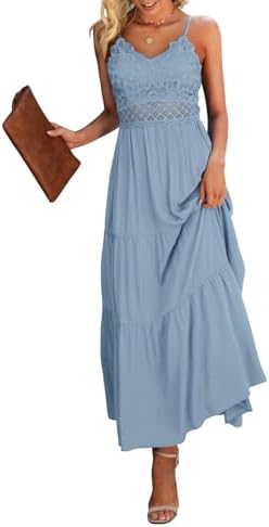 Dokuritu Women's Beach Crochet Lace Maxi Dress Solid Color Summer Vacation Spaghetti Strap Long Dress 2026