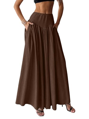 Image of Women's Long Pleated Flowy Maxi Skirt High Waist with Pockets Casual Boho Fashion Style Skirt (Brown,XL)