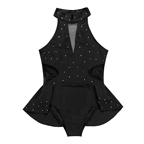 Moily Big Girls Glitter High Neck Mesh Splice Skirted Leotard With Cutout Back Ice Skating Dress Black 10 #TOP12