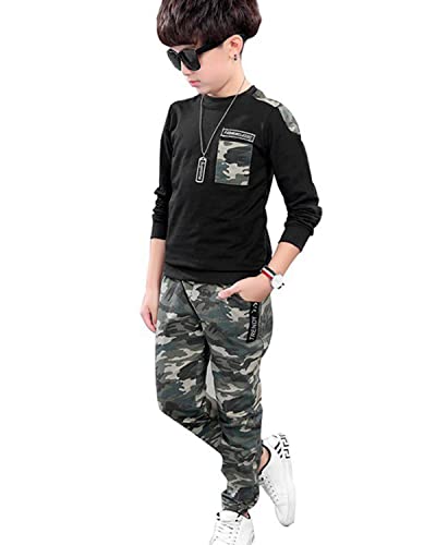 Boys 2 Pieces Set Black Long Sleeve Tops + Camouflage Pants Outfits Boys Clothes Set (6/7, Black) #TOP9