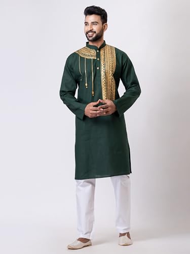 Image of Men's Dark Green Kurta with Golden Printed Design, Full Sleeve Ethnic Wear for Festive Occasions
