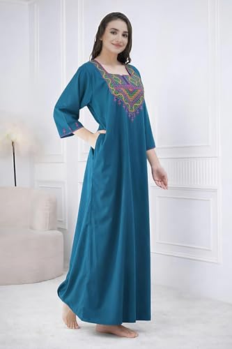 Image of Lissybissy Cotton Women Gown - Free Size with Side Pocket | Embroidery Full Sleeve Sleepwear | Loose Fit, Breathable, Comfortable & Soft Fabric Night Dress | Ideal for Gifting