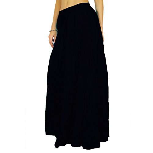 Women's Long Skirt Bohemian Gypsy Tiered Cotton Maxi Skirt Beach Wear Black2