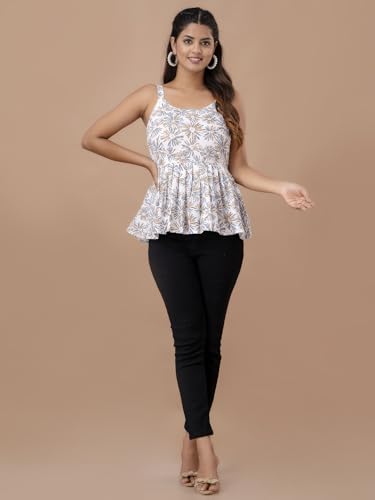 Image of feranoid Women Cotton Printed Sleeveless Strap Peplum Top