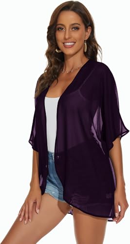 Womens Kimono Cardigans Beach Cover ups Swimwear Puff Sleeve Loose Casual Summer Tops2