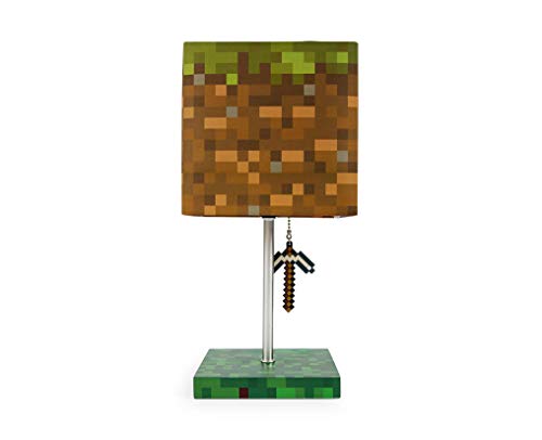 Minecraft Grass Block Desk Lamp with Pickaxe 3D Puller | LED Light Bedside Table Lamp | Video Game-Themed Room Essentials | Home Decor Accessory | 14 Inches Tall