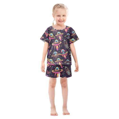 ALAZA Neon Alien Spacecraft Pajamas Set Short Sleeve Cotton Sleepwear Summer Pjs 2 Piece 5-14Y3