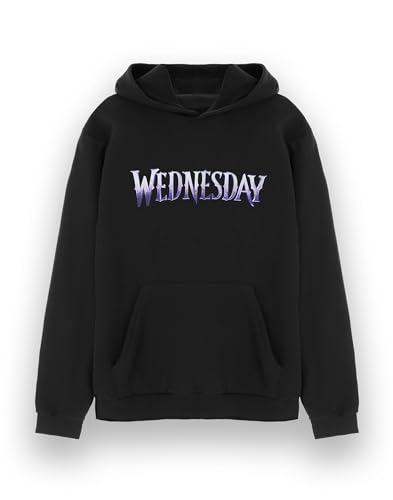 Wednesday Womens Hoodie | Ladies Addams Classic Purple Logo Graphic Hooded Sweatshirt in Black | Netflix Series One Merchandise Adults Hoody | The Addams Family Apparel Gift for Her