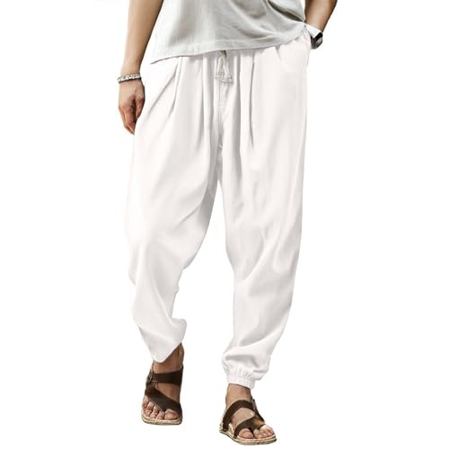 Linen Pants for Men Drawstring Elastic Waist Tapered Pant Yoga Golf Summer Beach Trousers with Pocket
