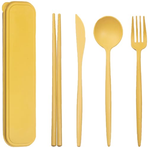Reusable Travel Utensils Set with Case, Wheat Straw Portable Plastic Fork Spoon Knife Chopsticks Camping Cutlery, Eco-Friendly BPA Free Tableware Picnic Flatware for Kids Adults or Daily Use (Yellow)