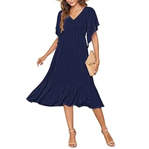 PYGFEMR Women’s Summer Empire Waist Dress Smocked Flutter Short Sleeve V Neck Midi Dresses