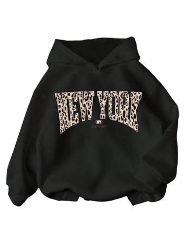 Floerns Girl's Y2k Cheetah Print Hoodie Pullovers Long Sleeve Drop Shoulder Sweatshirt