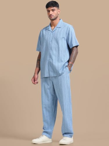 Image of StitchX Men's Airport Look Textured Seersucker Resort Cotton Shirt & Trouser Co-Ord Set S-2XL