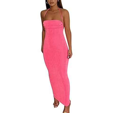 Chicology Women's Spaghetti Strap Backless Drape Back Bodycon Maxi Long Summer Dresses for Women, Pink, Medium Cover