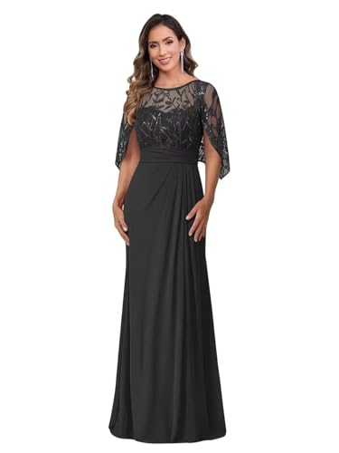 Image of Mother of The Bride Dresses - Long Chiffon Lace Appliques Cape Sleeve Ruched Waist Formal Evening Gown for Women