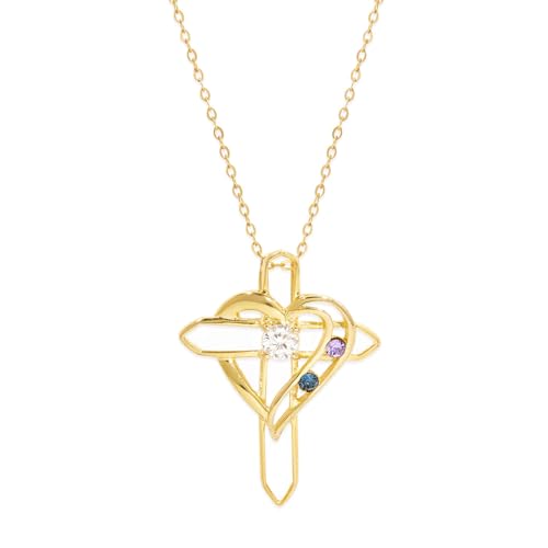 EVE'S ADDICTION Birthstone Necklace - Custom Gold 2 Stone Heart & Cross Birthstone Necklace - Birthstone Necklace for Mom - Gifts for Mom