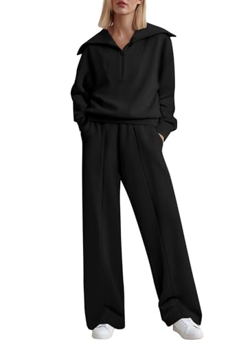 Aleumdr Two Piece Outfits Half Zip Sweatshirt Sweatsuit Lounge Sets for Women Matching Set Wide Leg Sweatpant Tracksuit