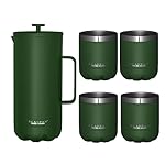 Scanpan TO GO French Press Coffee Maker 1.0L (Forest Green) + 4 Vacuum Cups 250 mL (Forest Green) - 18/8 Food Grade Stainless Steel - Scratch-Free Coating - Dishwasher Safe