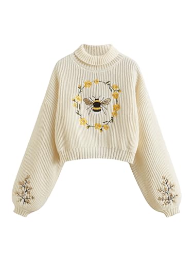 Women's Floral Embroidered Drop Shoulder Crop Sweaters Long Sleeve Turtleneck Knit Pullover