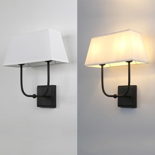 Image of PERMO Transitional Double Sconce Indoor 2 Lights Sconces Black Wall Lighting with White Textile Fabric Square Shade Wall Sconces for Bedroom Bedside Living Room