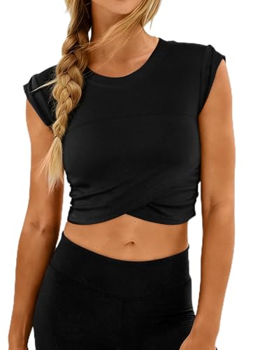 Remidoo Women Sleeveless Cropped Workout Tops Cross Wrap Crop Tank Top Athletic Muscle Shirt Black Small