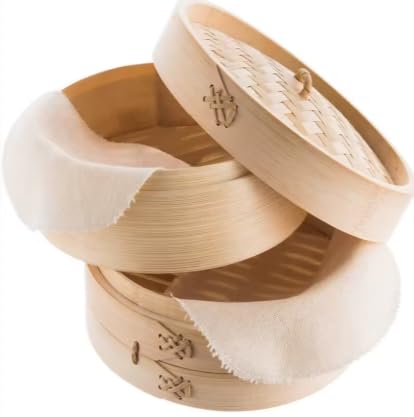 2 Tier Bamboo Steamer Set 10 Inch – Traditional Handmade Food Steamer Basket with Lid for Healthy Cooking Vegetables, Dumplings, Dim Sum, Buns, Chicken, Fish & Meat – Eco-Friendly Kitchen Tool