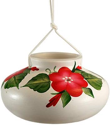 Lone Wolf Ceramic Hummingbird Feeder, Red Posy, 10 oz – Hand Painted Floral Hanging Nectar Feeder with Multiple Flower Ports and Nylon Hanging Cord