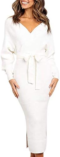 Fixmatti Womens Knitted Batwing Long Sleeve Deep V Neck Backless Belted Wrap Bodycon Sweater Dress White S