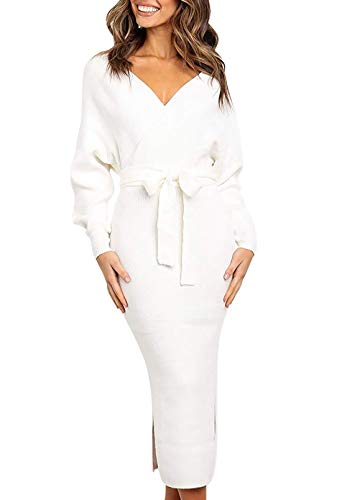 Pink Queen Womens V Neck Sweater Wrap Dresses Batwing Sleeve Elegant Holiday Bodycon Slit Maxi Long Knit Dress Belted White Xl #TOP4