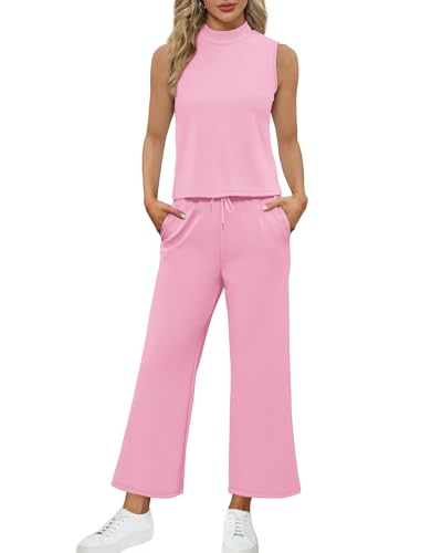 Image of SAMPEEL Two Piece Sets for Women Summer Outfits Lounge Sets Mock Neck Tops Wide Leg Crop Pants Vacation Travel Outfits