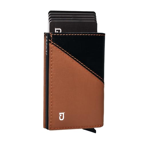 Image of Jenoss Smart Slide Leather Wallet for Men - Full Grain Leather, RFID Blocking Pop-Up Card Holder, Slim Metal Case with 12 Card Slots, ID Window & Money Clip (Camel & Black)