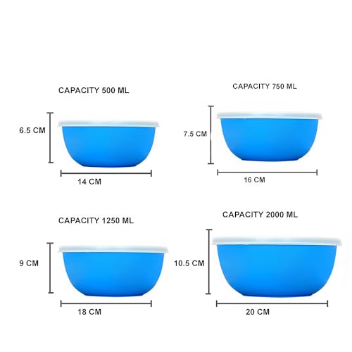 Image of Microwave Safe Stainless Steel Food Storage Container with Lid | Euro Mixing Bowl Set for Kitchen | 500ml, 800ml, 1250ml, 2000 ml | Pack of 4 (Blue Plain 4)