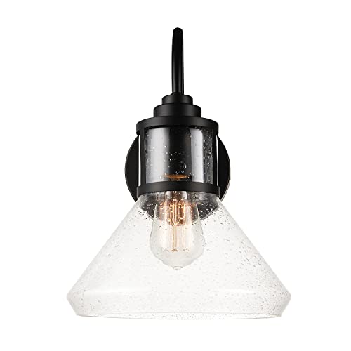 Image of Globe Electric 44661 Torrent 1-Light Outdoor Wall Sconce, Black, Seeded Glass Shade, 60W Vintage Edison Incandescent Bulb Included