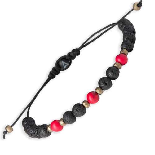 Bild von Perlenarmband Herren und Damen "Aegean Mythos", Lavaarmband handgemacht in Deutschland, Vulkanlava mit Onyx-Stein, verstellbar mit Makramee (Large (⌀ 6mm), Rot (roter Türkis)) Large (⌀ 6mm)