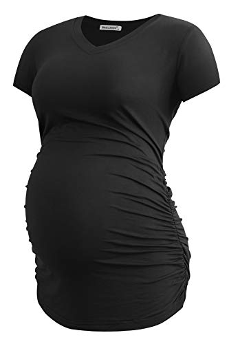 Smallshow Women's V Neck Maternity Shirt Side Ruched Tunic Pregnancy Short Sleeve Top Clothes 3-Pack Black/Deep Grey/Light Grey Medium #TOP1