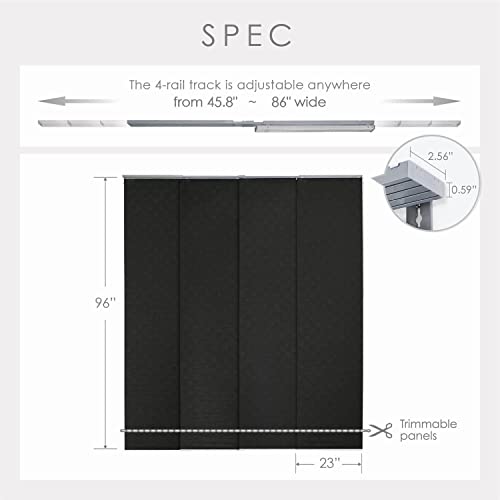 Godear Design Deluxe Adjustable Sliding Panel Track Blind 45.8"- 86" W X 96" H, Extendable 4-Rail Vertical Blind For Sliding Patio Door, See-Through Trimmable Panel Curtain, Semi-Privacy, Black King #TOP4