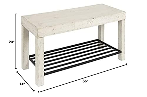 Kate And Laurel Jeran Rustic Farmhouse Bench With Iron Shoe Shelf, 36" X 14" X 20", White, Chic Entry Bench For Decor Or Storage #TOP5