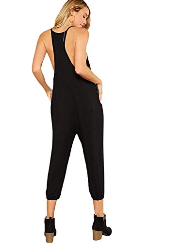 Didk Women's V Neck Spaghetti Strap Harem Leg Cami Jumpsuit Black Medium #TOP1