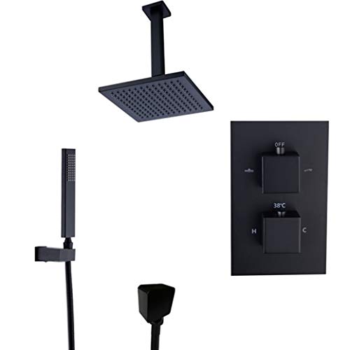 Mitigeur de douche thermostatique noir anti-brûlure avec ciel de pluie en laiton