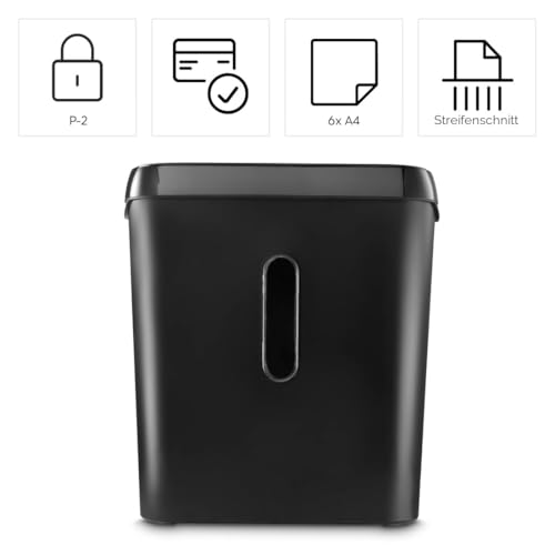 Hama Aktenvernichter P2 T2 E2 (Papierschredder mit Sicherheitsstufe, mit Einzug, auch für Plastikkarten, Streifenschnitt, inkl. 8l Papierkorb mit Sichtfenster) schwarz