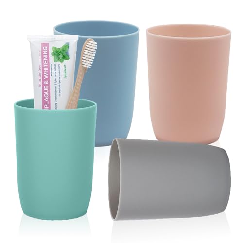 YIK TUNG 4-Pack Plastic Bathroom Tumbler Cups | Stackable Toothbrush & Mouthwash Cups | Reusable, Dishwasher Safe | 10oz (280ml) | 4 Colors for Travel??