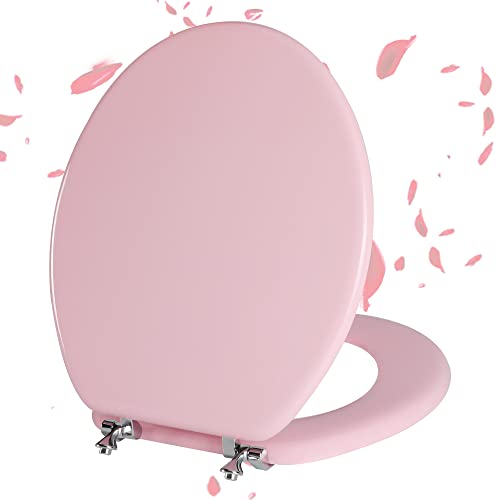 Pink Round Toilet Seat Natural Wood Toilet Seat with Zinc Alloy Hinges Easy to Install also Easy to Clean Scratch Resistant Toilet Seat by Angol Shiold (Round Pink)