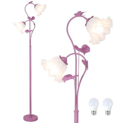 Image of HMVPL Purple Floral Floor Lamp, Girls Flower Floor Lamp for Bedroom, Cute Lotus Standing Lamp with 2 LED 5W Blubs, Foot Switch, Unique Flower Tall Lamp for Living Room Kids Nursery Bedside Corner