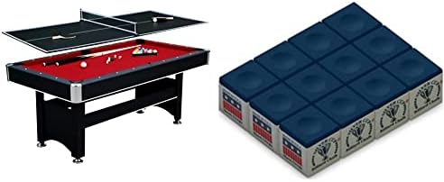Spartan 6-ft Pool Table with Table Tennis Top - Black with Red Felt & Silver Cup Billiard/Pool Cue Chalk Box, Blue, 12 Cubes