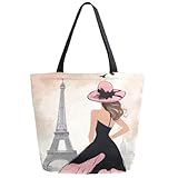 ZzWwR Fashion Holidays Woman Eiffel Tower Extra Large Canvas Gym Shoulder Tote,Durable Daily Reusable Top Handle Bag for Mens Womens Yoga Weekender Picnic Beach Travel Market Shopping