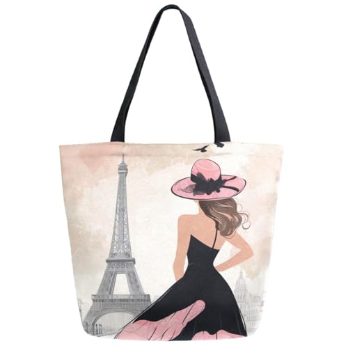 ZzWwR Fashion Holidays Woman Eiffel Tower Extra Large Canvas Gym Shoulder Tote,Durable Daily Reusable Top Handle Bag for Mens Womens Yoga Weekender Picnic Beach Travel Market Shopping